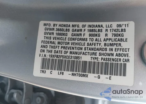 2012 Honda Civic Lx z USA, uszkodzony, nr VIN 19XFB2F5XCE310851